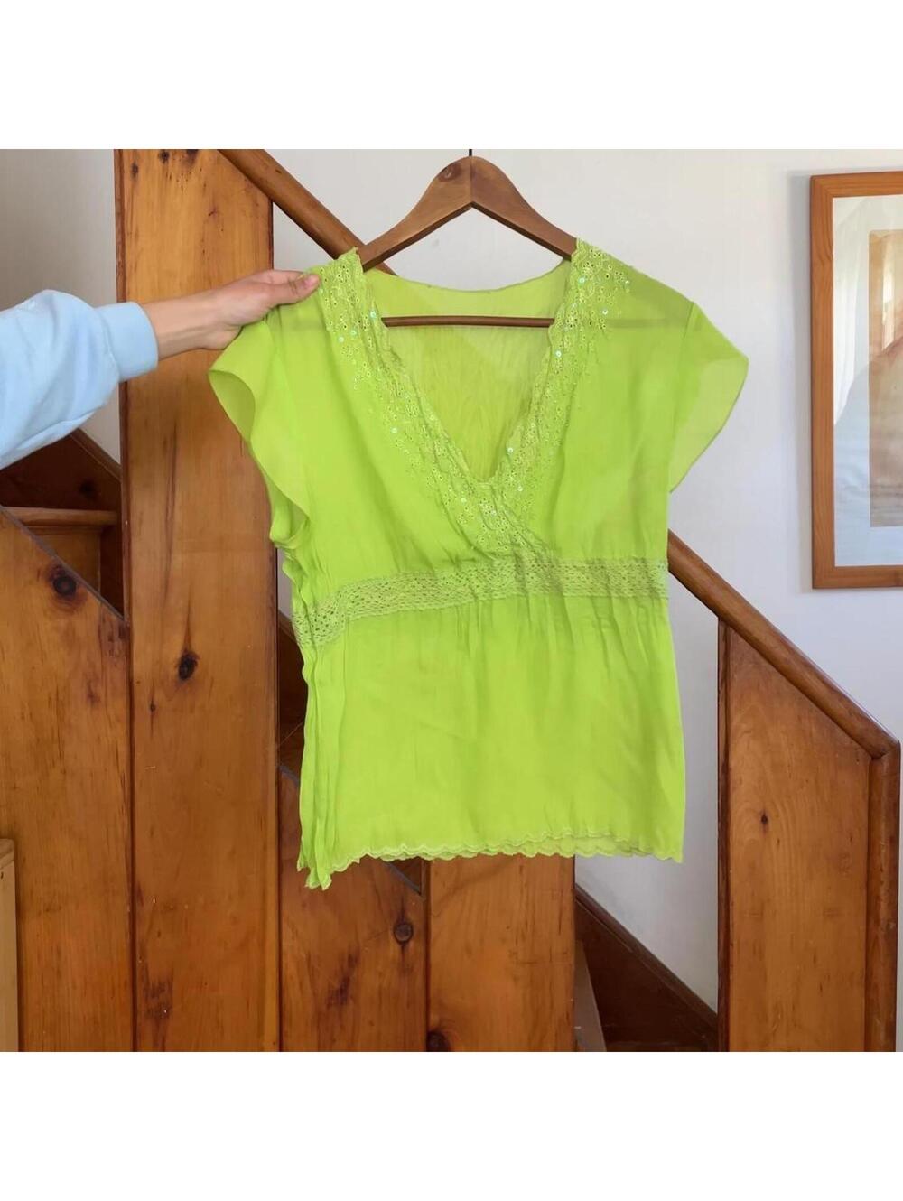 Green beaded top with cap sleeves and V-neckline. y2k fairy